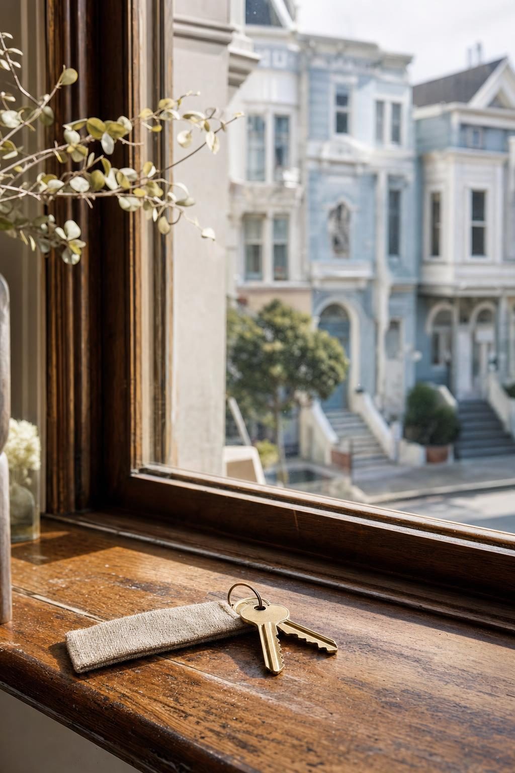 Brass house keys on a sunlit Victorian windowsill